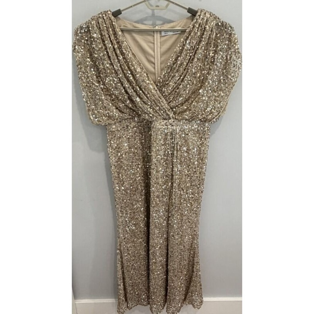 Mac Duggal Gold Sequin Gown Draped Sleeve V-Neck Gown Nude Gold Short Sleeve 16